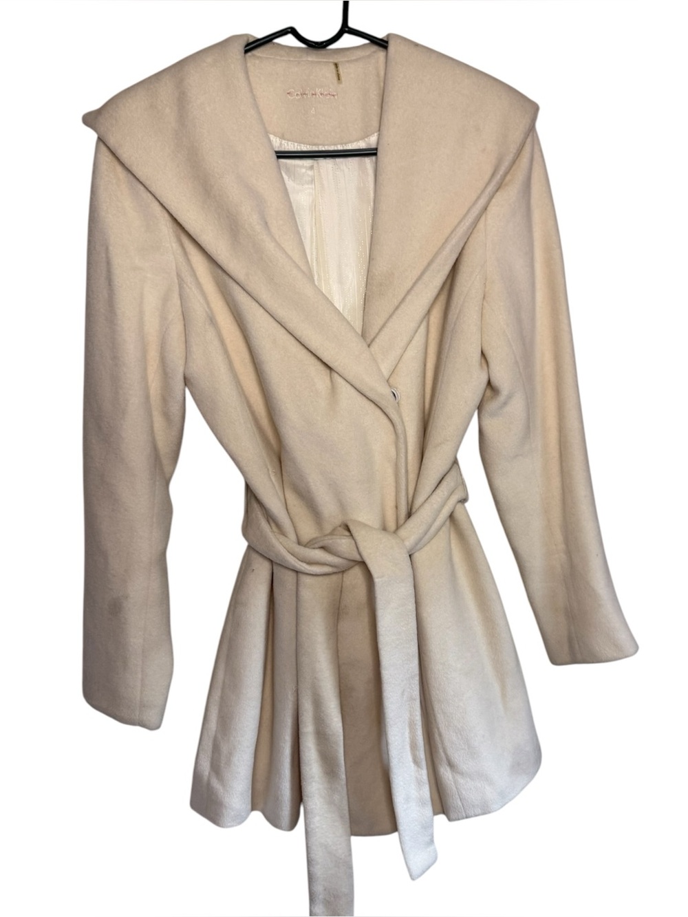Calvin Klein Shawl Wool Blend Hip Coat Ivory Size 4
